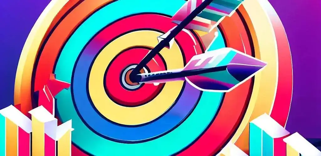 A vibrant illustration of a target with an arrow hitting the bullseye, with a sales graph ascending skyward in the background.