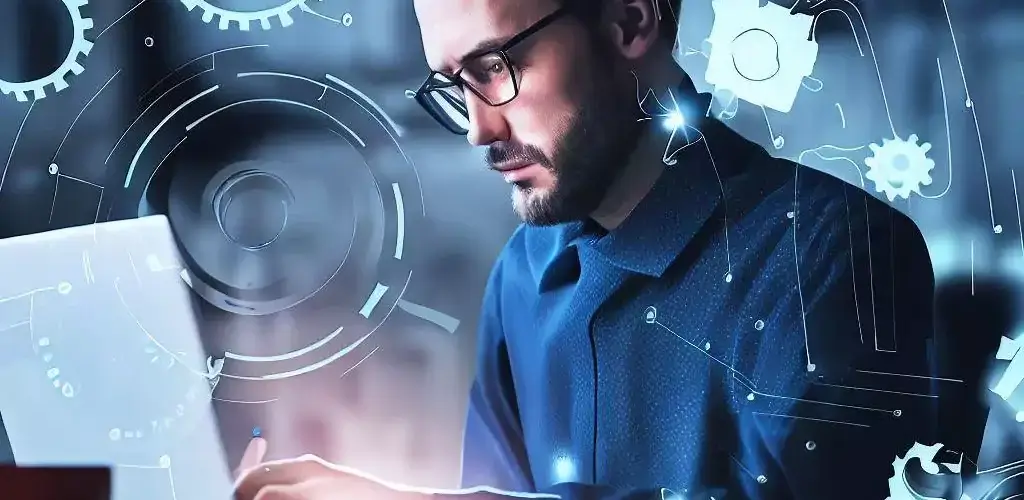 a project management worker sitting behind a computer, utilizing CRM software to improve his processes.