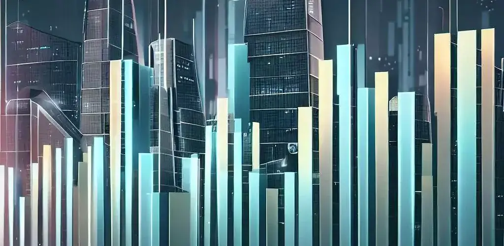 A futuristic cityscape with buildings shaped like bar graphs and line charts, representing the analytical nature of CRM systems.