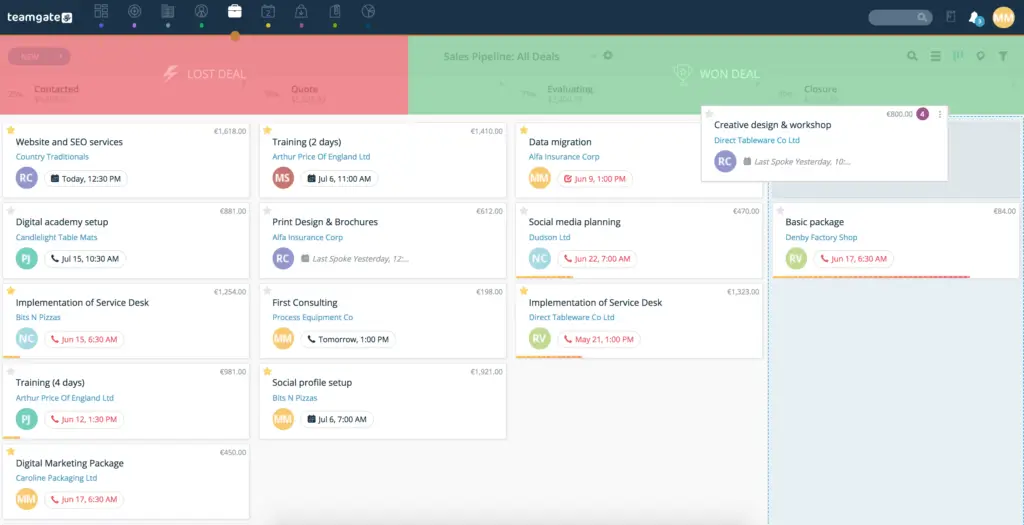 screenshot of Teamgate crm deals pipeline