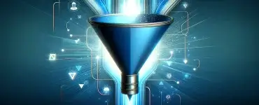 Sleek digital sales funnel, modern, blue and white color scheme, abstract shapes converging into a point, vibrant