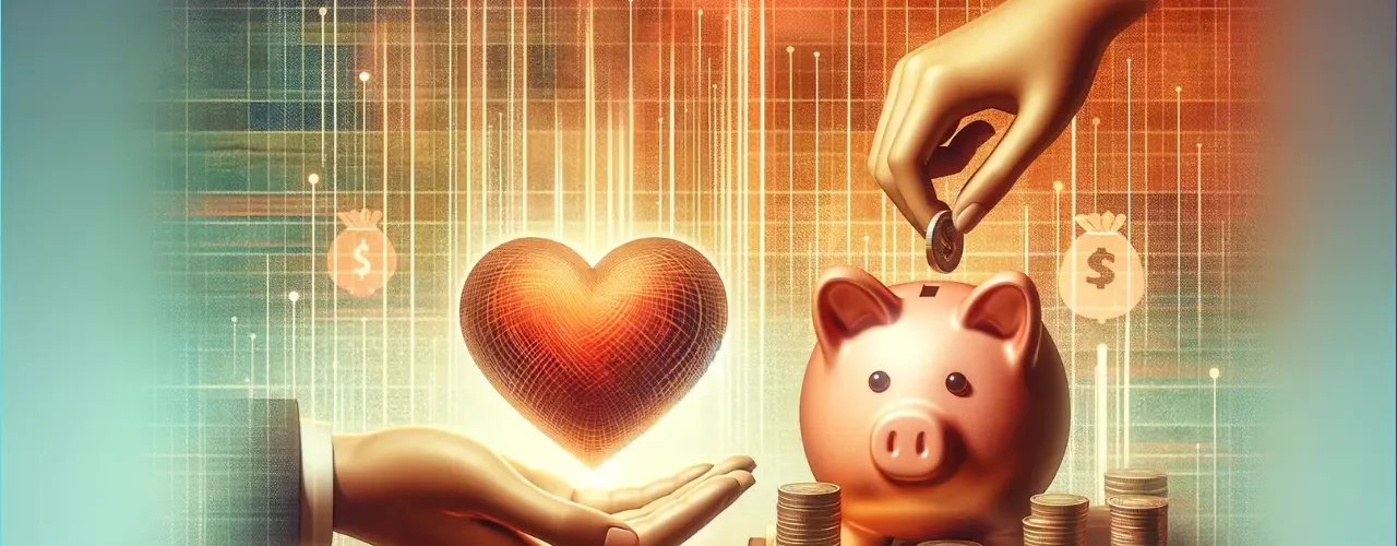 a hand holding a love heart whilst another puts a coin into a piggy bank