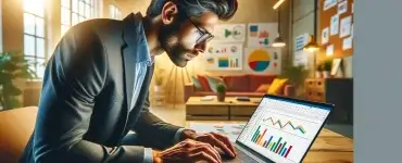 A small business owner in an office setting is intently analyzing financial charts on a laptop displaying Google Sheets.